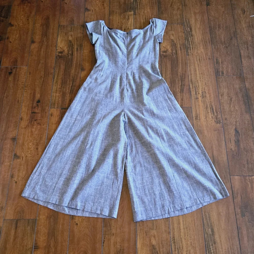 Free People Women’s Jumpsuit Rumi Blue Off The Shoulder Pleated Wide Leg Size 12 - Picture 5 of 12